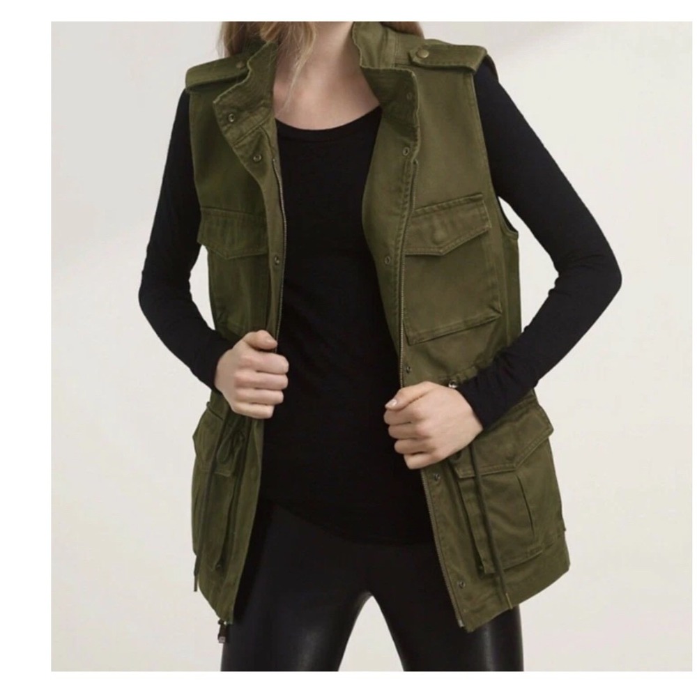 Talula Aritzia XXS Olive Green Military Utility Cargo Field Vest Cotton Zip Snap